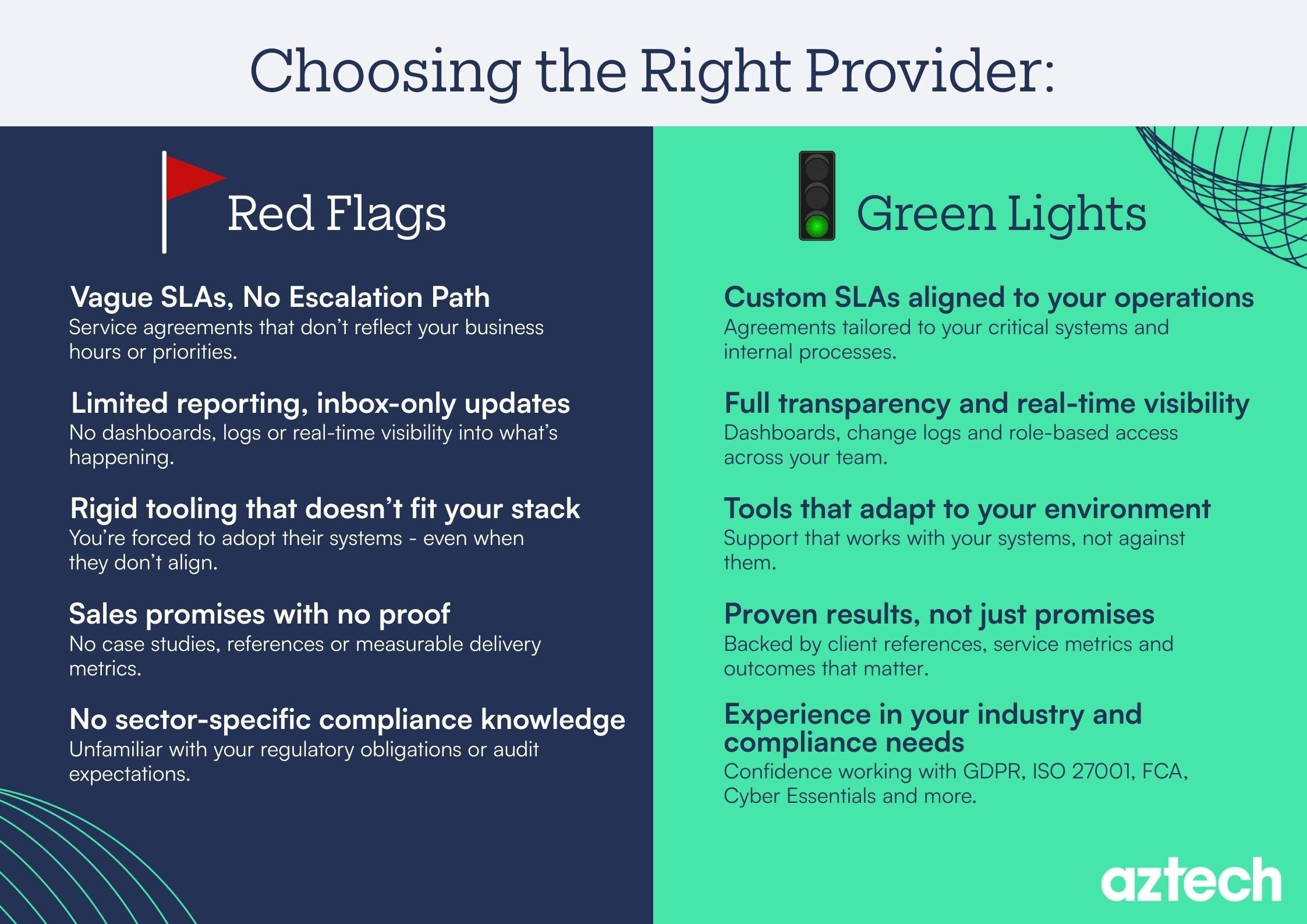 Image showing the red flags and green lights to look out for in an MSP.