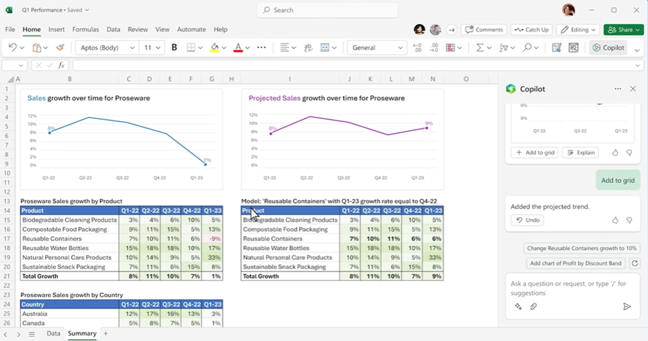 Microsoft 365 Copilot in Excel working