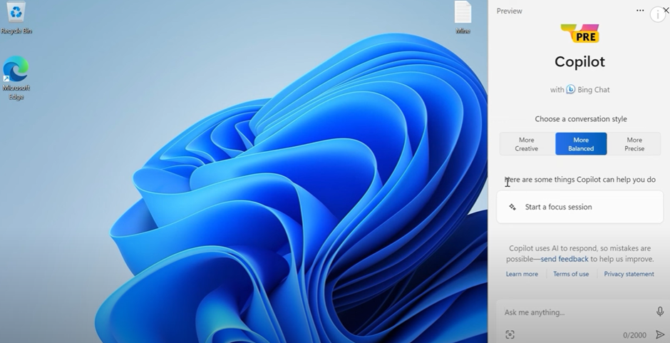 Microsoft Copilot screen look after activated